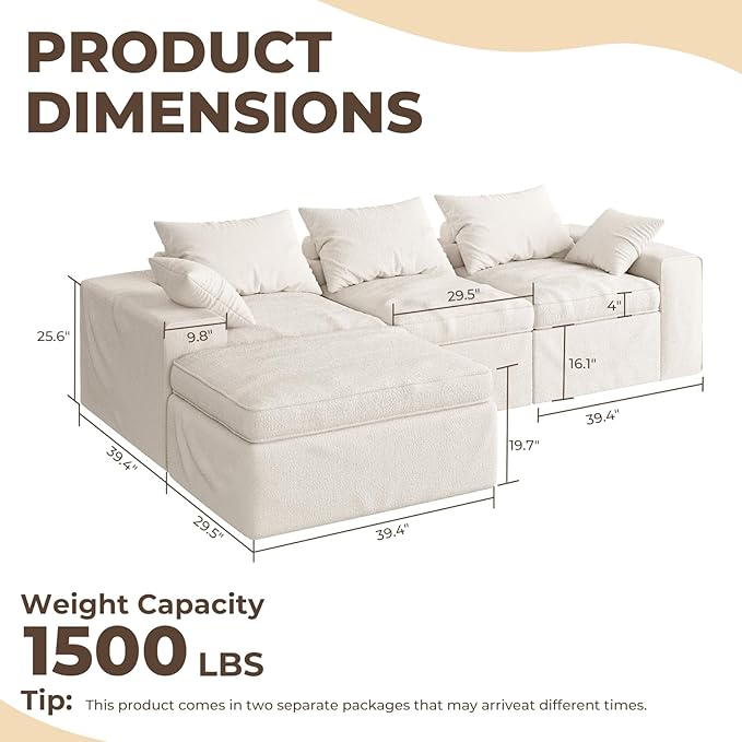 108 Inch Cloud Sectional Couch, Modular Sectional Sofa with Deep Seat, Convertible L-Shape Couch with Ottoman, 3 Seater Cloud Couches for Living Room, No Assembly Required (Warm White)