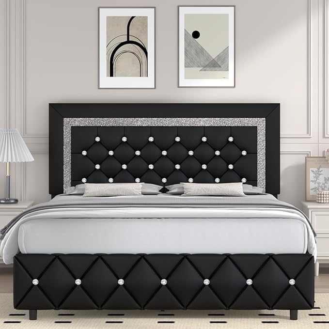 Full Bed Frame, Faux Leather Platform Bed with Upholstered Diamond Headboard, Mattress Foundation with Strong Wooden Slats Support, No Box Spring Required, Easy Assembly, Black
