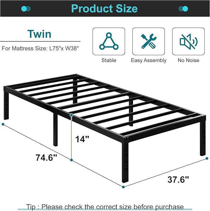 Maenizi Heavy Duty Twin Bed Frame No Box Spring Needed, 14 Inch Metal Platform Bed Frame Twin Support Up to 2500 lbs, Easy Assembly, Noise Free, Black