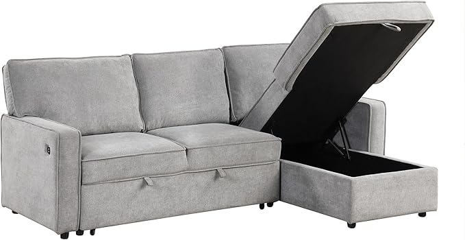 LUMISOL 89" Convertible Sleeper Sofa Bed, Modern L-Shaped Sectional Sofa with Storage Chaise, Chenille Pull Out Couch Bed with Cup Holders & Charging Station for Living Room, Gray