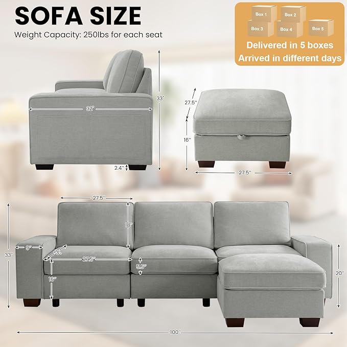 TEKAMON 100" Modular Sectional Sofa with Seats Storage, L Shape Couch with Movable Ottoman for Living Room, Couch with Chaise, Solid Wood Frame, Spring Cushions, USB Port, Removable Covers, LightGrey