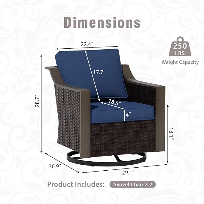 3 Piece Wicker Patio Conversation Set, All-Weather Use Outdoor Wicker Sofa with 2 PE Rattan Swivel Chair, Removable Water-Resistant Cushion, Ideal for Porch, Backyard, Balcony, Poolside, Blue