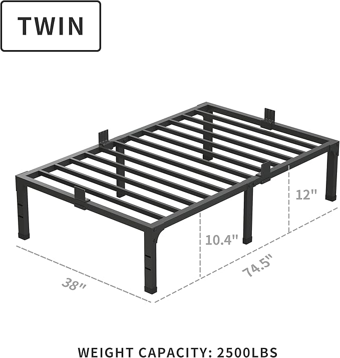 MAF 12 Inch Twin Bed Frames with Mattress Slide Stopper Black Heavy Duty Metal Platform Bed Frame Steel Slat Support, No Box Spring Needed, Noise Free, Easy Assembly