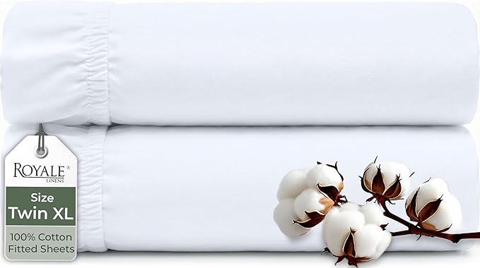 Royale Linens 100% Organic Cotton 2 Pack Fitted Sheet - Percale Weave - Super Soft Deep Pocket Bottom Sheets - White Elastic Sheet Twin XL Size - Twin XL Fitted Sheets Only - (39"x80"+15", White)