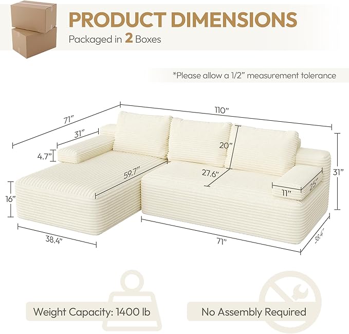 Yaheetech 110" Modular Sectional Sofa Corduroy Boneless Couch with Chaise L-Shape Cloud Couch with Detachable Pillows No Assembly Sofa for Living Room, Beige