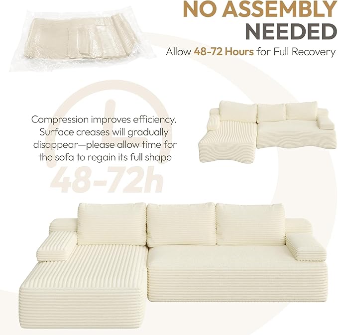 Yaheetech 110" Modular Sectional Sofa Corduroy Boneless Couch with Chaise L-Shape Cloud Couch with Detachable Pillows No Assembly Sofa for Living Room, Beige