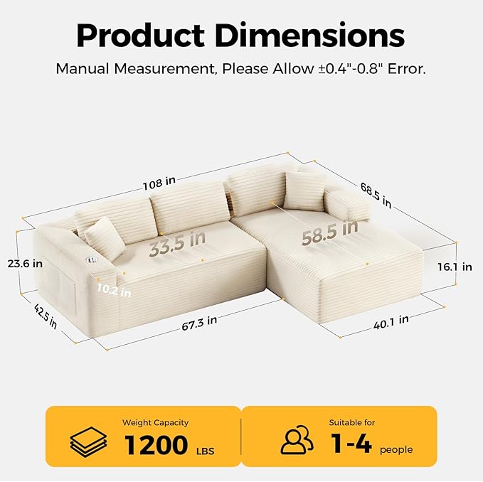 108” Cloud Sectional Couch, Modern Modular Sectional Sofa with Deep Seat, Corduroy Boneless Couches with Chaise, L-Shaped Sofa for Living Room, 4 Storage Pockets (Right Facing Chaise, Beige)