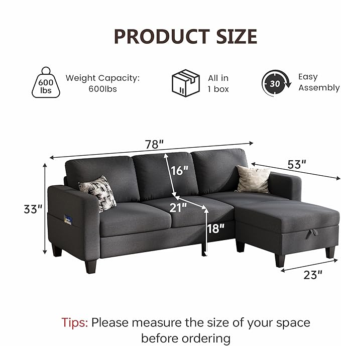 Sectional Sofa and Couches for Living Room, 78'' Dark Grey 3 Seat L-Shaped Couch with Movable Ottoman, Comfy Linen Convertible Sectionals Sofas with Chaise for Apartment, Dorm, Small Space