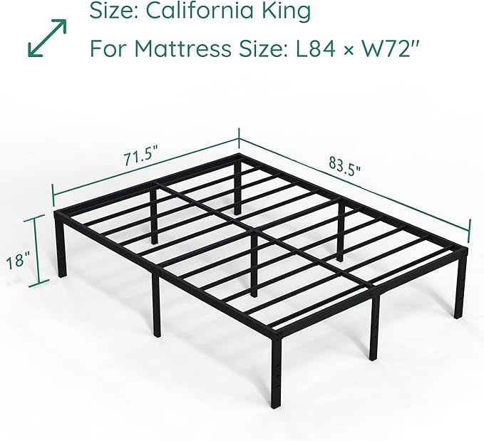 DiaOutro 18 Inch California King Bed Frames Heavy Duty Metal Platform No Box Spring Needed, Maximum Storage, Easy to Assembly, Noise Free, Black