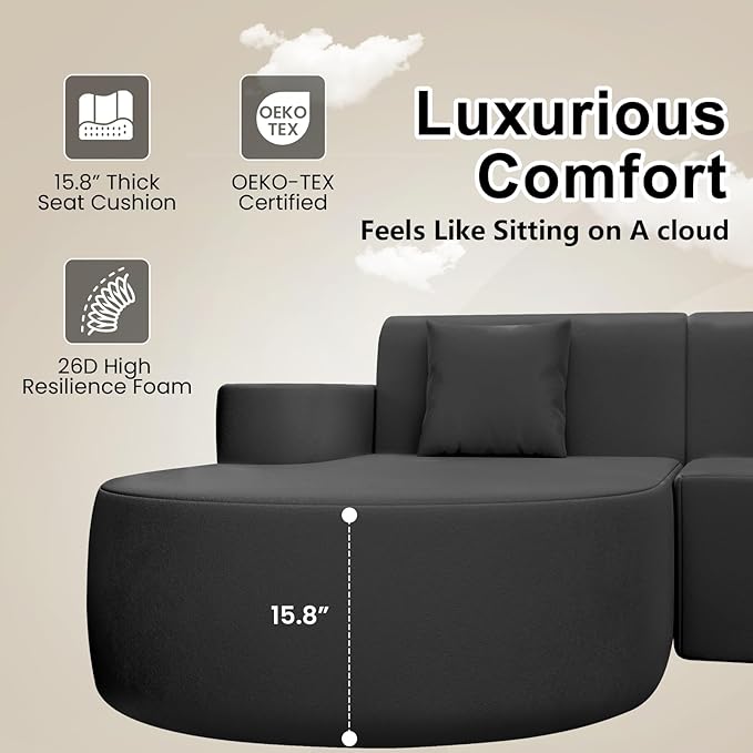MELLCOM Modern Curved Boneless Sofa Couch, L-Shaped Corner Sofa, No Assembly Needed, Chenille Upholstered Cloud Sectional Couch for Living Room, Bedroom and Apartment (Black, Left Hand Facing)