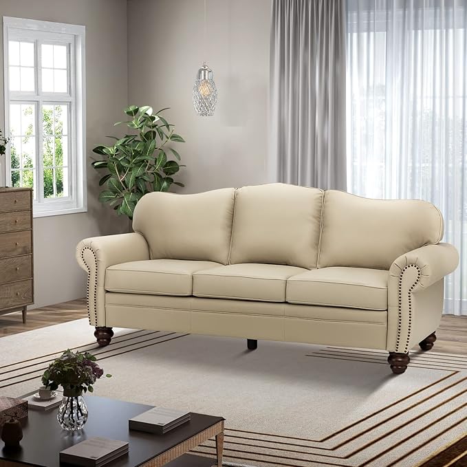 HULALA Home 81'' Genuine Leather Sofa with Nailhead Trim and Rolled Armrests, Mid-Century Modern Living Room 3-Seater Couch, Beige Couch with Removable Cushion for Bedroom Apartment