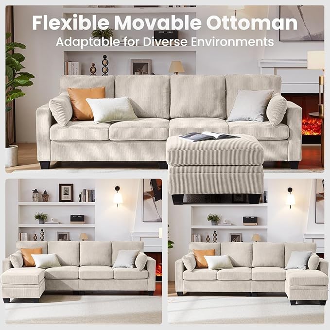 CHIC HOUSE Modular Sectional Sofa with Storage Ottomans, Corduroy Cloud Couch for Small Spaces & Apartments, Reconfigurable L/U Shaped Convertible Corner Sofa, Beige, 5 Seater Sectional