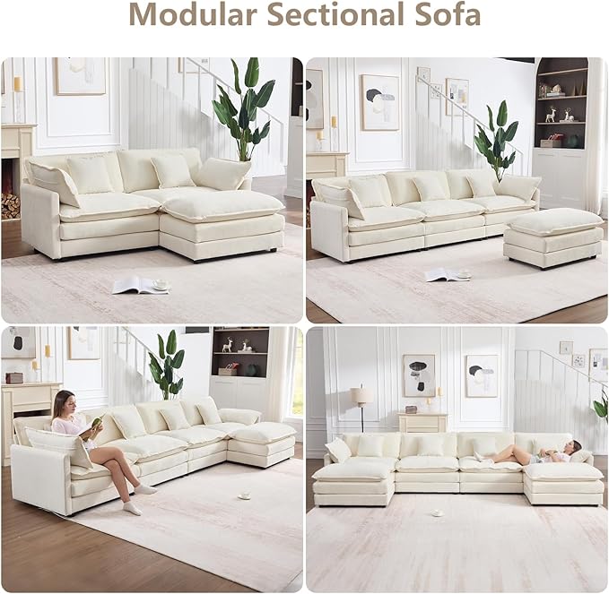 147" Modular Sectional Sofa, Oversized U Shaped Sectionals Cloud Couch, Big Comfy Couch with 2 Ottomans, 6 Seater Chenille Sectional Sofa with Deep Seat and 6 Pillows for Living Room- Beige