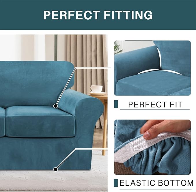 FantasDecor 4 Piece Sofa Velvet Couch Covers for 3 Cushion Stretch Slipcover with Individual Seat Cushion Elastic Furniture Protector for Pets, Machine Washable (Large Sofa, Peacock Blue)