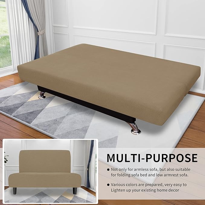 Easy-Going Stretch Futon Slipcover Armless Futon Bed Cover Furniture Protector Without Armrests with Elastic Bottom for Kids, Soft Jacquard Fabric Small Checks (Medium, Tan)