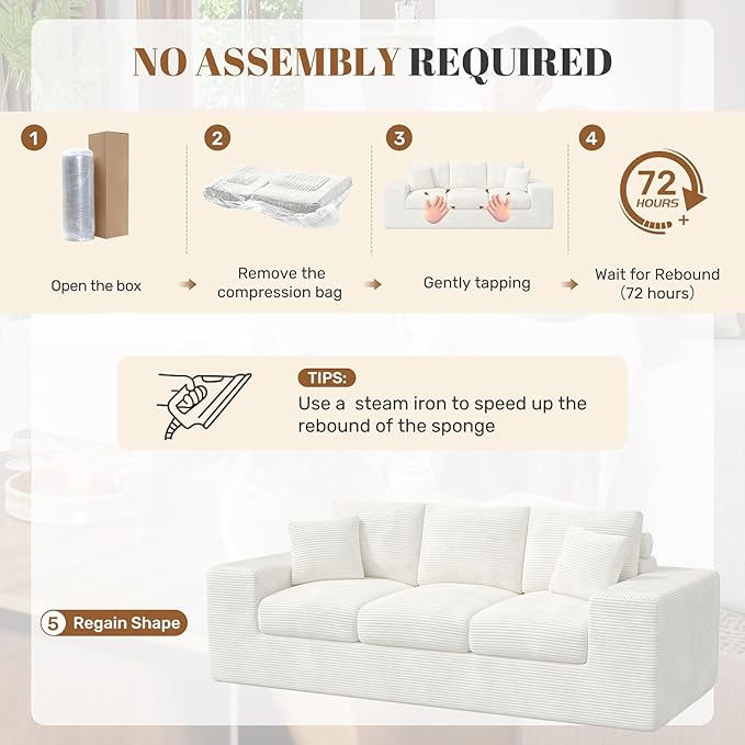 91.7" Boneless Sofa Couch with Layered Cushion,3 Seater Cloud Couch with Deep Seat,Upholstered Corduroy Floor Sofa with Removable Cover &Throw Pillows for Living Room,No Assembly, Beige
