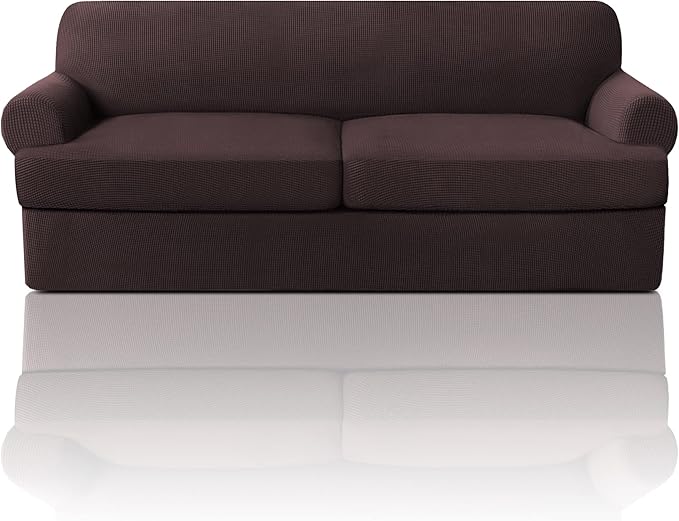 PrinceDeco T Cushion Sofa Slipcover 3 Pieces Sofa Covers for T Cushion Sofa Soft Couch Cover Sofa Slip Covers Furniture Covers with 2 Individual T Cushion Shape Seat Covers Machine Washable, Brown