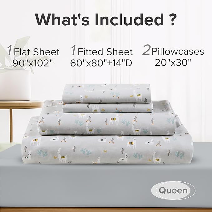 Comfort Spaces 100% Cotton Sheets Queen, Breathable, Naturally Cool Cotton Sheets, Soft Cotton Bed Sheets with 14" Elastic Pocket Fits up to 16" Mattress, All Seasons Sheet Set, Lama Multi 4 Piece