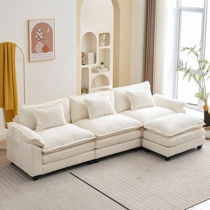 120" Modular Sectional Sofa, Comfy Cloud Couch Sectional Sofa with Ottoman, Chenille Sofa Sleeper Deep Seat Sofa with Throw Pillows for Living Room (Beige White, 120"- L Shape)