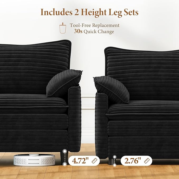 Vesgantti 101" V-Shaped Corner Couch Sectional, 7 Seat Customizable Modular Cloud Couches with Movable Ottoman, Corduroy Deep Seat Sofa Set with Chaise for Living Room, Bedroom and Apartment, Black