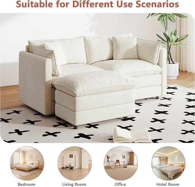 Setawix Deep Loveseat Couch with Ottoman,Large L-Shaped 2 Seater Cloud Couches for Living Room,77.16" Chenille Cloud Sofas with Deep Seat,Modular Sectional 2 Seat Sofa for Bedroom (Beige, 2+1)