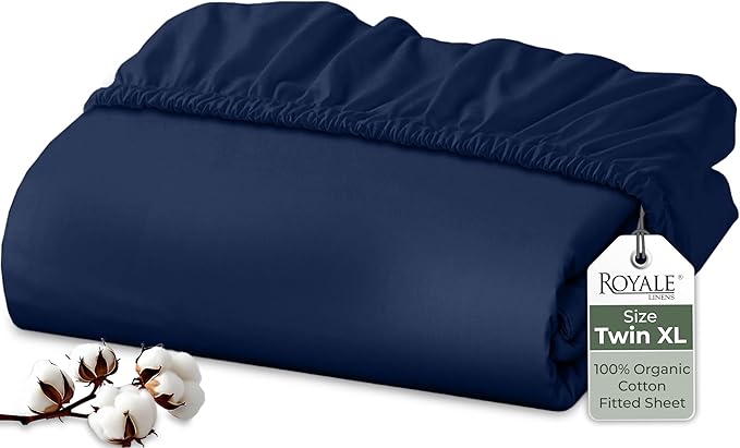Royale Linens 100% Organic Cotton Fitted Sheet - Percale Weave - Super Soft Deep Pocket Bottom Sheets - Navy Elastic Sheet Twin XL Size - Twin XL Fitted Sheets Only - (39"x80"+15", Navy)