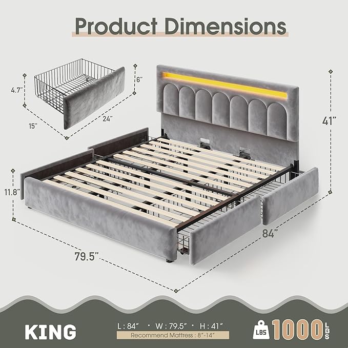 Homkdom Velvet Upholstered King Size Bed Frame with 4 Storage Drawers, Vertical Arched LED Headboard, Sturdy Wood Slats Support, No Box Spring Needed, Grey