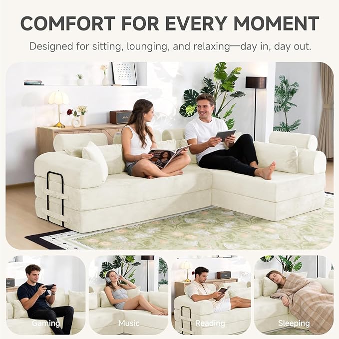 106” L Shaped Boneless Sectional Couch, Two 70.87” Pieces Convert to 141.7” Extra Long Straight Sofa, Corduroy Couch in a Box with Headrest and Back Pillows for Apartment Living Room, White