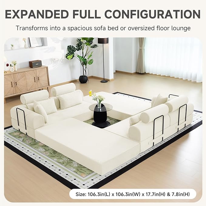 106” L Shaped Boneless Sectional Couch, Two 70.87” Pieces Convert to 141.7” Extra Long Straight Sofa, Corduroy Couch in a Box with Headrest and Back Pillows for Apartment Living Room, White