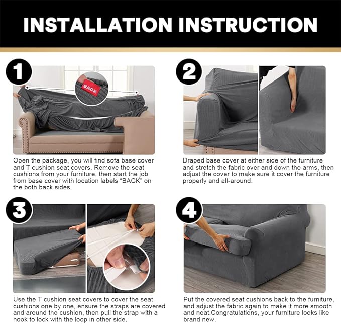 PrinceDeco T Cushion Loveseat Slipcover 3 Pieces Sofa Covers for T Cushion Sofa Stretch Sofa Covers for 2 Cushion Couch with 2 Individual T Shape Seat Covers Width Up to 76"- Washable, Grey
