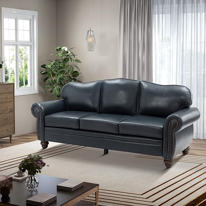 HULALA Home 81'' Genuine Leather Sofa with Removable Cushion, Mid-Century Modern Living Room 3-Seater Couch, Full Grain Leather Couch with Nailhead Trim and Rolled Arm for Bedroom Apartment, Navy