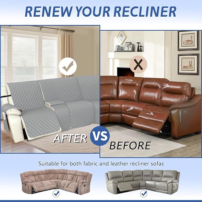 Arfntevss Recliner Sectional Couch Covers 1OO% Waterproof L Shape Sofa Cover for Reclining L Shaped Sectional Slipcover Dog Washable Corner Non Slip Middle Console Protector (1 Console, Silvery Gray)