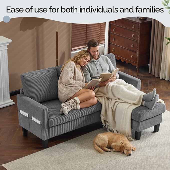 VINGLI 68.5' L Shaped Couch with Removable Storage Ottoman, Convertible Sectional Sofa in Corduroy Fabric, Modern Reversible Chaise Couch for Small Spaces, Apartment, Living Room，Grey
