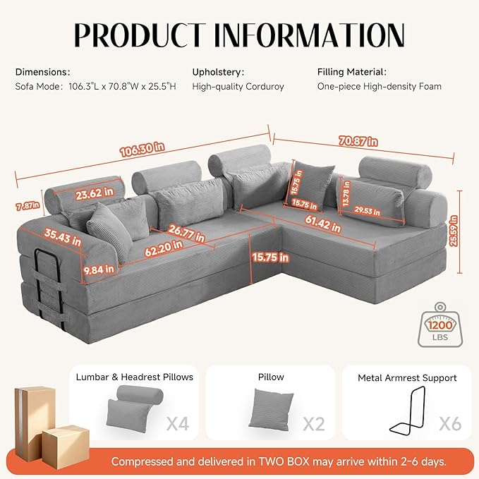 106" L-Shaped Modular Boneless Couch, 2-Piece System (2×70.87"), Convertible Sectional to 141.7" Straight Sofa, Corduroy Couch in a Box, Headrest & Back Pillows for Living Room, Light Grey
