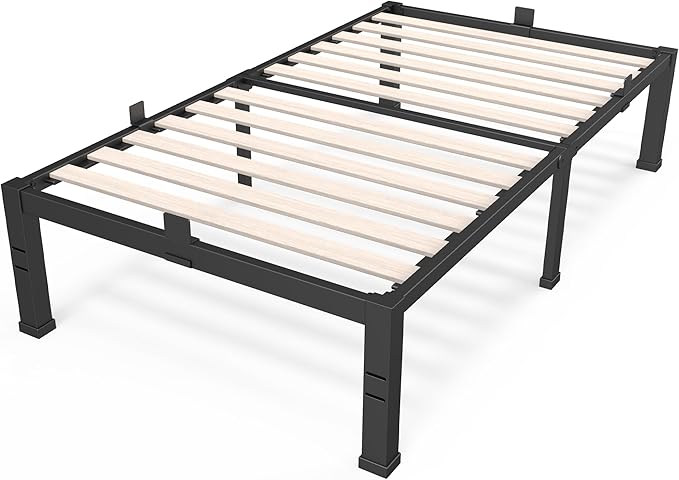 ROIL 14 inch Twin Size Bed Frames with Wide Wood Slats - 3500lbs Heavy Duty No Box Spring Needed Platform, Mattress Stoppers Single Metal Noise Free, Headboard Hole Underneath Storage