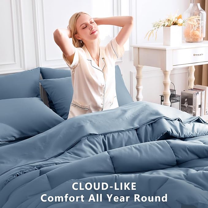 CozyLux Oversized King Comforter Sets Dusty Blue, 7 Pieces Bed in a Bag, Ultra-Soft All Season Bedding Sets with Stitch Quilted Comforter, Flat Sheet, Fitted Sheet, Pillowcases, Grayish Blue
