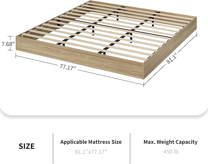 Wood Platform Bed with Sturdy Wooden Slats, King Size Floor-Standing Bed Frame, Modern Minimalist Design Bed Frame, No Box Spring Needed, Easy Assembly
