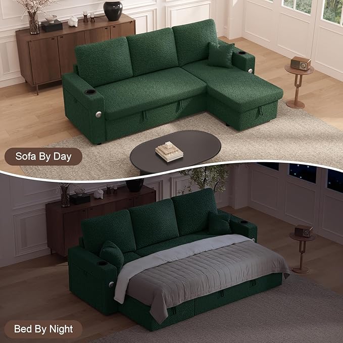 Sleeper Sofa Bed, 4-in-1 Pull Out Couch with Reversible Chaise | Dual USB & Type-C Charging | Dual Cup Holders | Layered Storage (Armrest + Chaise) for Living Room (Classic Green)