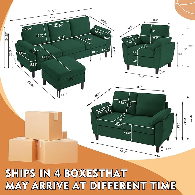 4 Piece Convertible Sectional Sofa Set, Modern Linen Small L Shaped Couch with Reversible Chaise, 3-Seater Sofa & Loveseat & Armchair for Living Room, Office, Apartment, Green