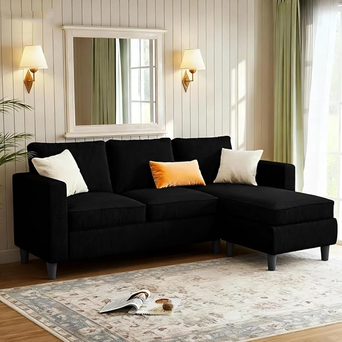JAMFLY Couches for Living Room, 3-Seat Reversible Sectional Sofa with Convertible Ottoman, Modern Ribbed Fabric L-Shaped Couch for Small Apartment, Studio & Office, Easy Assembly, Black