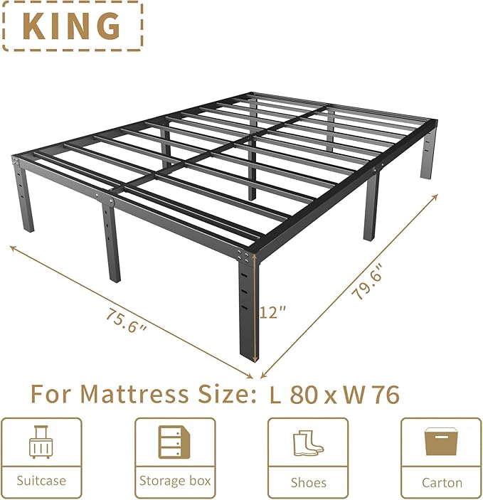 12 Inch King Size Bed Frame - No Box Spring Needed Heavy Duty Metal Platform Mattress Foundation with Steel Slats, Non-Slip Noise Free Easy Assembly Black Bedframes