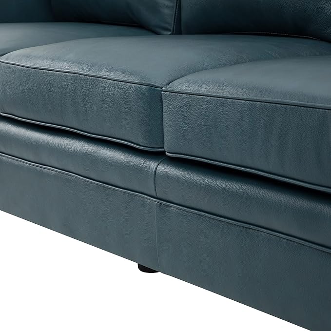 HULALA Home 81'' Genuine Leather Sofa with Nailhead Trim and Rolled Armrests, Mid-Century Modern Living Room 3-Seater Couch, Turquoise Couch with Removable Cushion for Bedroom Apartment