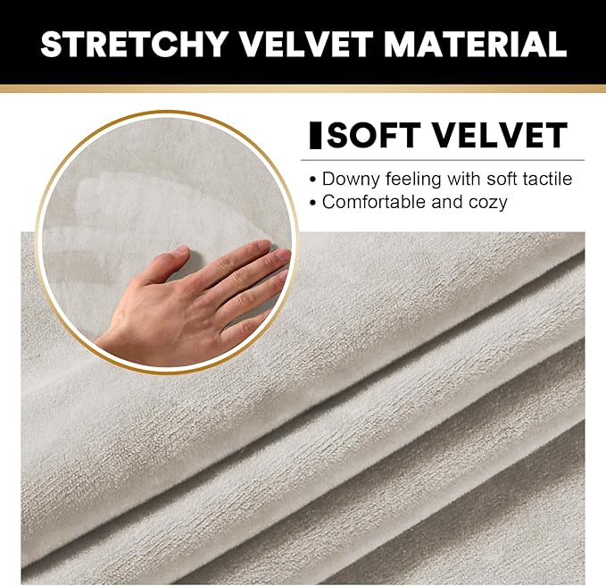 PrinceDeco Velvet Couch Covers for Sofa Soft 4 Pieces Couch Covers for 3 Cushion Couch Sofa Pet Friendly Furniture Protector with Non Slip Elastic Bottom Width Up to 90 Inch(Large, Oatmeal)