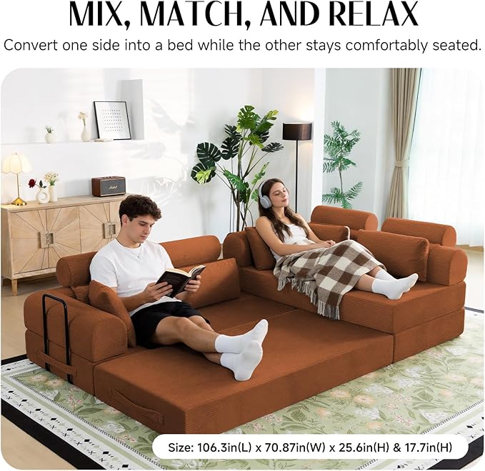 106" L-Shaped Modular Boneless Couch, 2-Piece System (2×70.87"), Convertible Sectional to 141.7" Straight Sofa, Corduroy Couch in a Box, Headrest & Back Pillows for Living Room, Orange