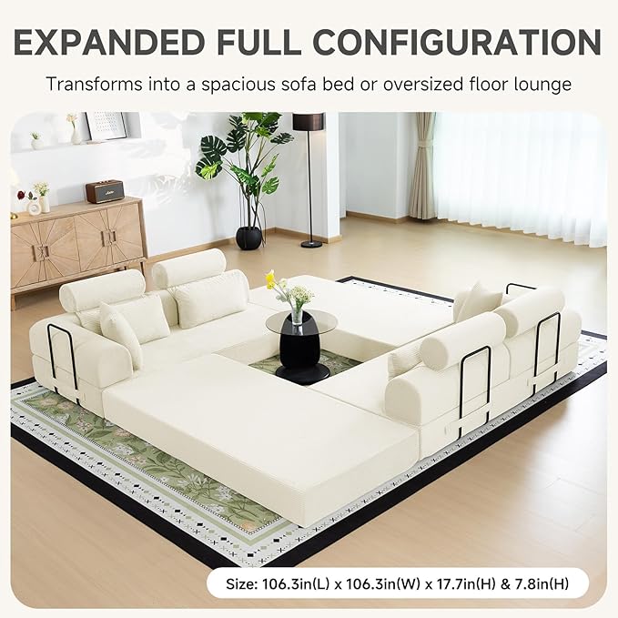 Boneless Sectional for Small Spaces, 106” L Shaped Couch from Two 70.87” Modules, Reconfigures to 141.7” Straight Sofa, Corduroy Compressed Couch in a Box with Headrest Back Pillows, White