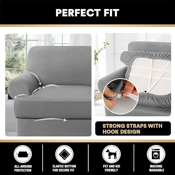 PrinceDeco T Cushion Sofa Slipcover 3 Pieces Sofa Covers for T Cushion Couch Soft Couch Covers Sofa Slip Cover Furniture Covers with 2 Individual T Shape Seat Covers Width Up to 88", Dove