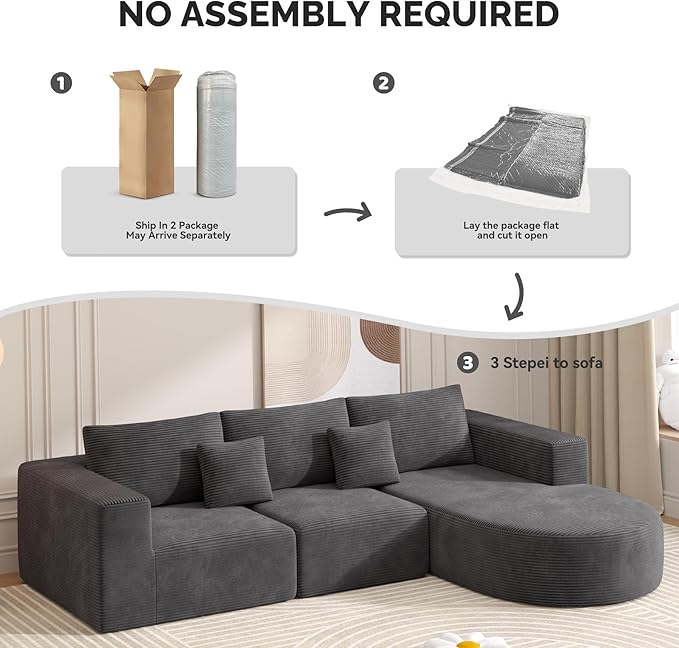 Boneless Couches for Living Room,Cloud Sectional Couch with L-Shape Chaise,Modern Modular Sofa with Deep Seat Upholstered Comfy Couches for Bedroom,No Assembly Required,1PCS