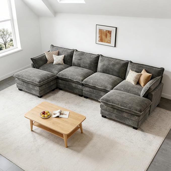 Modular Sectional U Shaped Sofa Couches for Living Room, Cloud Couch with Movable Ottoman, Comfy Chenille Sofa with Pillow for Bedroom and Apartment,Dark Gray