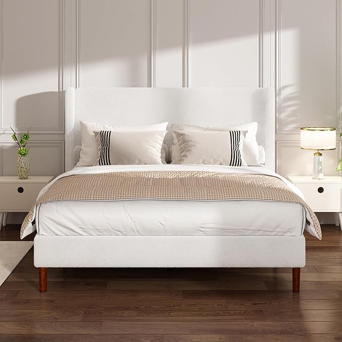 Full Boucle Bed Frame, Platform Bed with Upholstered Wingback Headboard, Strong Wooden Slats Support, Noise-Free, No Box Spring Needed, Easy Assembly, White