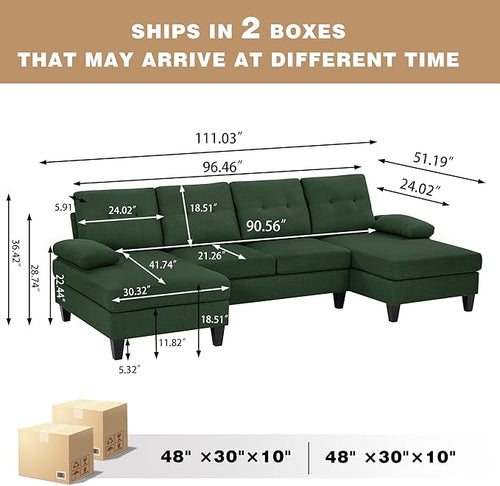 111" Sectional Couch for Living Room, Modern Polyester Fibre U Shaped Sofa Couches with Double Chaise, Upholstered 4 Seater Sofa for Living Room, Apartment, Office, Dark Green